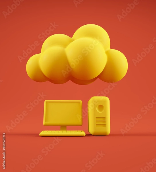 Obraz Bright yellow cloud above computer and server in colorful digital setting showcasing technology and creativity