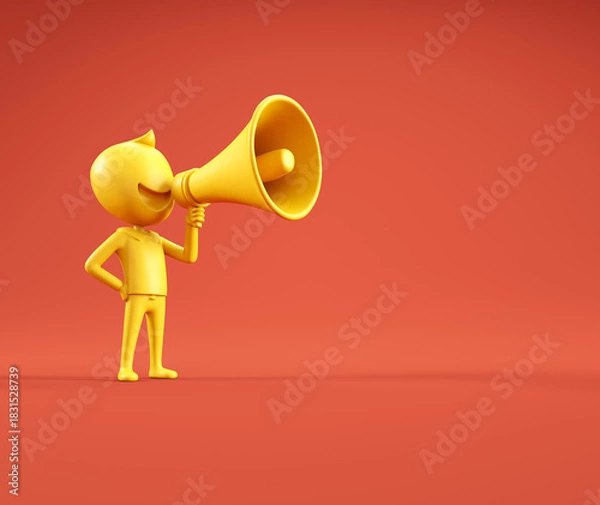 Obraz Bright yellow figure with megaphone promoting a message against a vibrant red background