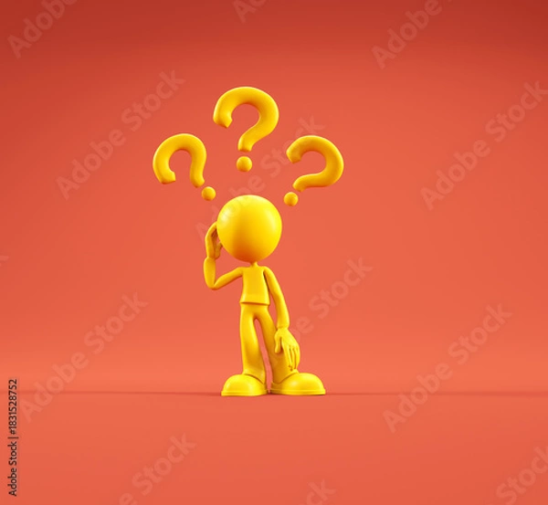 Obraz Bright yellow figure standing in confusion with floating question marks on a red background