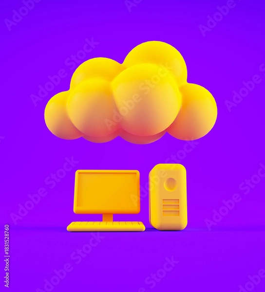 Obraz Bright yellow cloud above computer and server in colorful digital setting showcasing technology and creativity