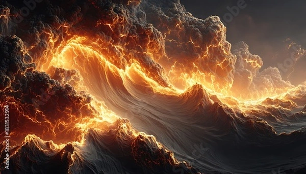 Fototapeta Spicy music textures as radiant pulses of orange light across fluid black terrain