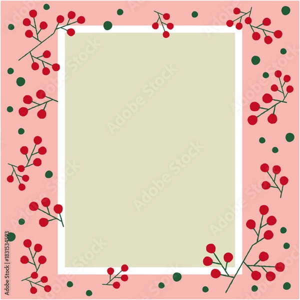 Obraz かわいい赤い実を散りばめたシンプルなフレームとピンクの背景