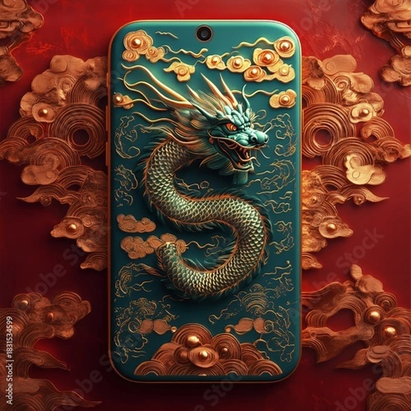 Obraz Dragon-themed mobile phone design digital art vibrant colors fantasy atmosphere close-up view cultural influence