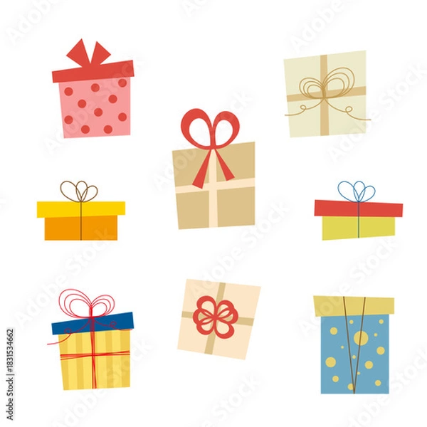 Obraz リボンやパッケージがかわいいギフトボックスのイラストセット