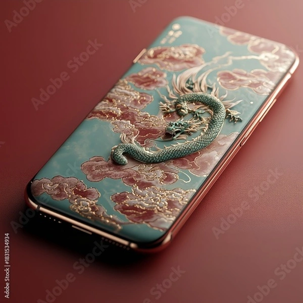 Fototapeta Artistic dragon embellished mobile phone elegant setting digital art contemporary environment close-up view cultural aesthetic
