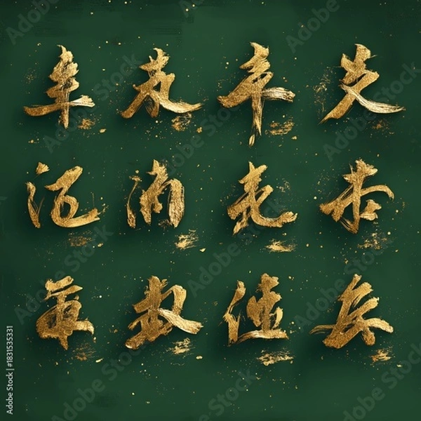 Fototapeta Elegant gold calligraphy art on green background cultural showcase digital artwork artistic environment close-up view