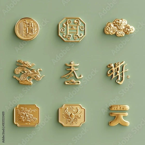 Fototapeta Cultural event gold emblems display art exhibition studio setting creative showcase