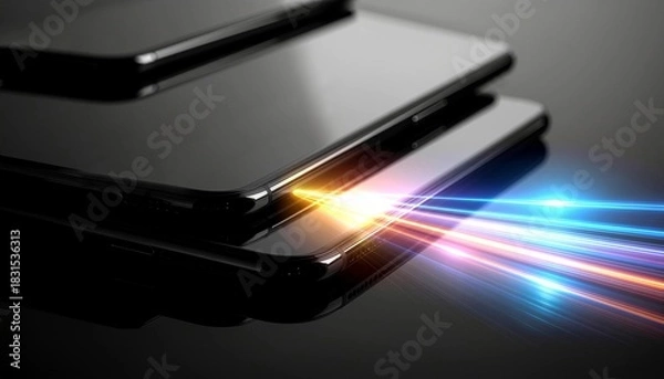 Obraz 超高速データ通信を象徴するスマートフォンと光の軌跡　generative ai