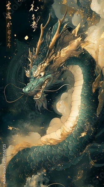 Fototapeta Majestic dragon dance fantasy realm digital art ethereal environment close-up view mythical concept