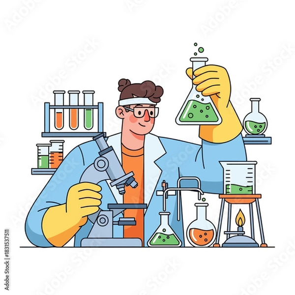 Fototapeta Scientist conducting research in laboratory with chemical reaction and microscope equipment for