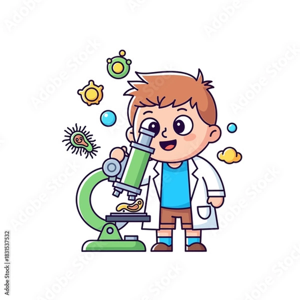 Fototapeta Enthusiastic young scientist discovering the microscopic world with playful microbiological