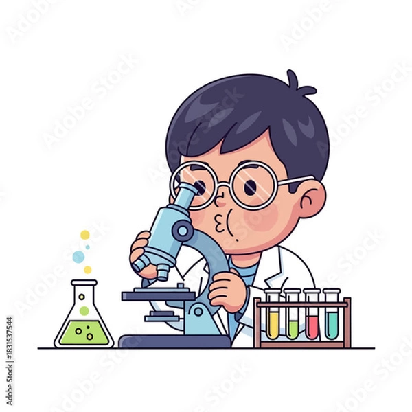 Fototapeta Young scientist cartoon character exploring scientific research with a microscope in a laboratory