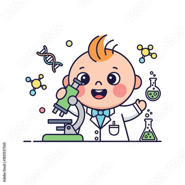 Fototapeta Cartoon depiction of an infant scientist exploring science in a laboratory setting in a lab coat
