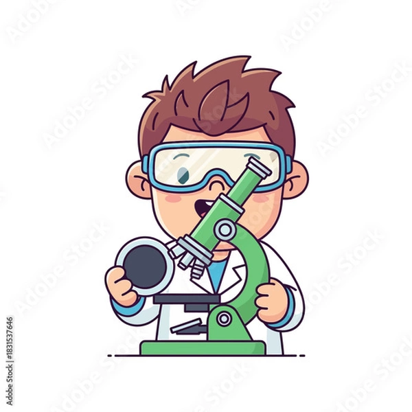 Fototapeta Young scientist conducting experiment with microscope isolated on white background