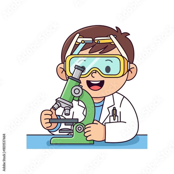 Fototapeta Animated scientist character with microscope showcases laboratory experimentation and education