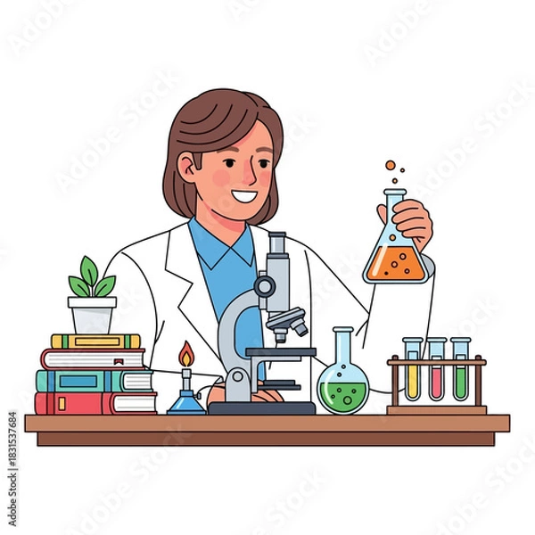Fototapeta Illustration of a smiling researcher conducting scientific experiments in laboratory setup