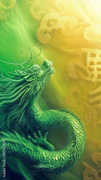 Fototapeta Majestic green dragon ascending mystical landscape digital art enigmatic environment dynamic viewpoint