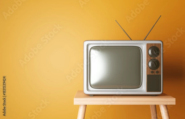 Obraz Old vintage TV on the wooden desk on background of orange wall. 3d-rendering