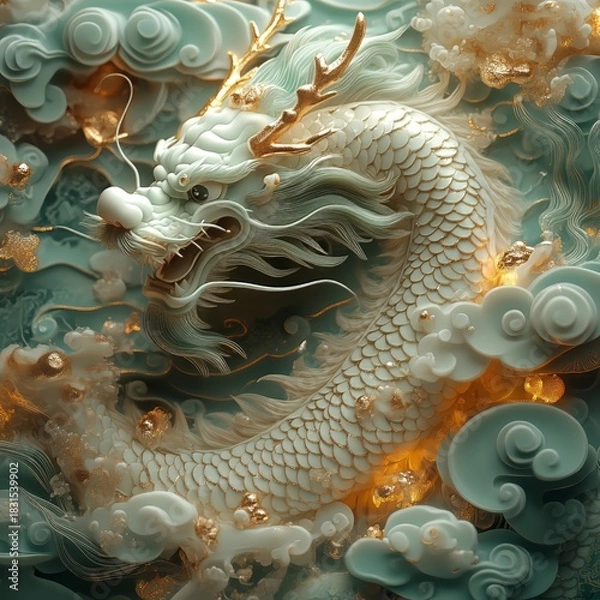 Fototapeta Dynamic dragon artistry in a serene atmosphere fantasy digital artwork ethereal close-up mythical imagery