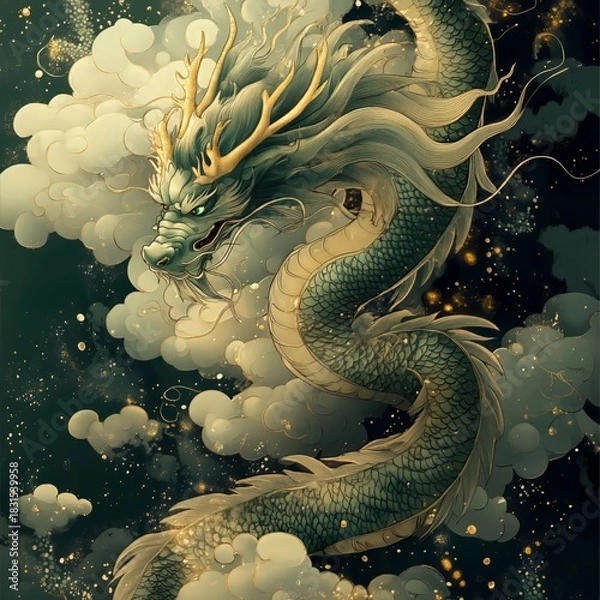 Fototapeta Majestic dragon soaring through clouds fantasy setting digital art ethereal environment dynamic perspective