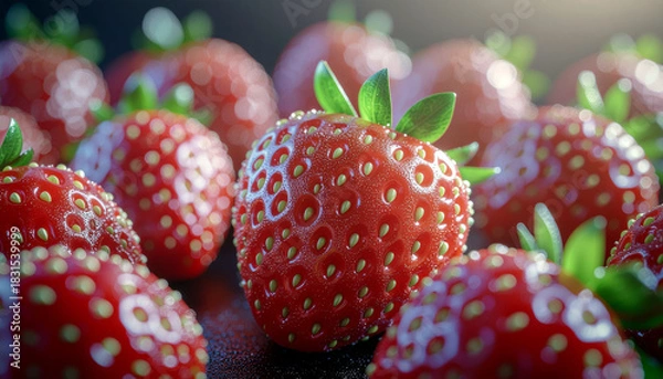 Fototapeta Close-up of ripe, red strawberries, showcasing texture and detail, arranged on a surface.