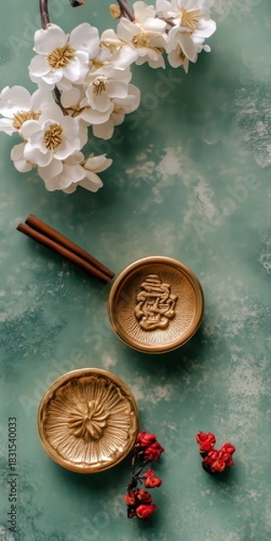 Obraz Delicate floral arrangement with decorative bowls home decor aesthetic background top view artistic concept