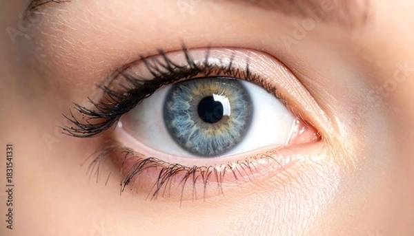 Fototapeta Close-up of a captivating blue eye with long eyelashes.