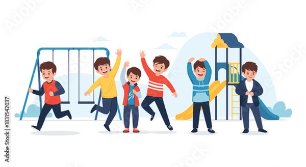 Fototapeta A group of happy and active young boys joyfully playing in a vibrant playground with swings and a slide on a bright day.