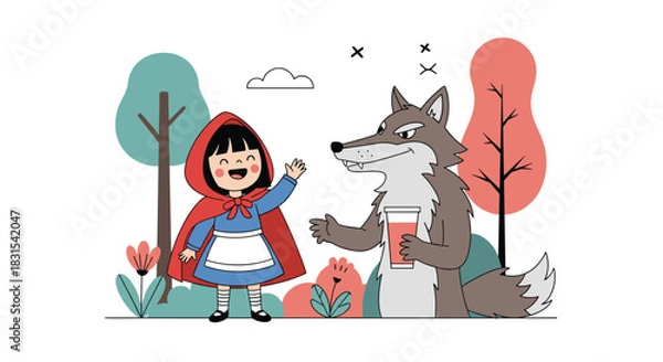 Fototapeta Little Red Riding Hood, a cheerful girl in a red cape, waves hello to a cunning wolf holding a beverage in a whimsical forest scene.