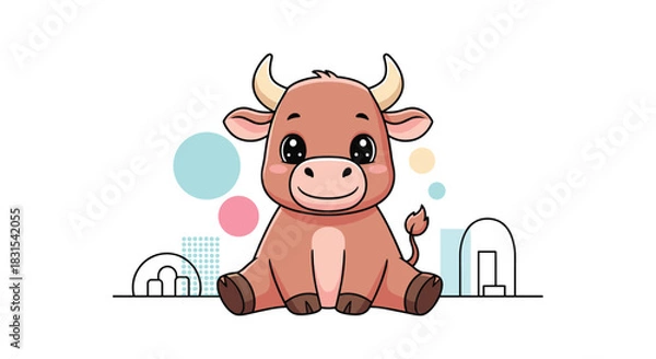 Fototapeta Adorable cartoon baby bull with big eyes and a gentle smile, sitting on a simple white background with colorful abstract elements.