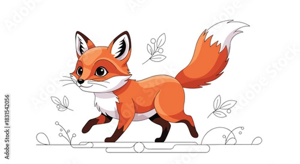 Fototapeta A charming cartoon fox with bright orange fur and a fluffy white-tipped tail is happily running, surrounded by minimalist line-art foliage.