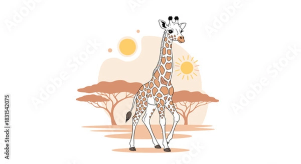 Fototapeta A charming cartoon giraffe with distinctive spots walks confidently across a sunlit savanna with distant acacia trees and stylized suns.