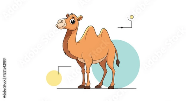 Fototapeta Cheerful cartoon two-humped camel illustration standing on a clean white background with minimal abstract geometric elements.