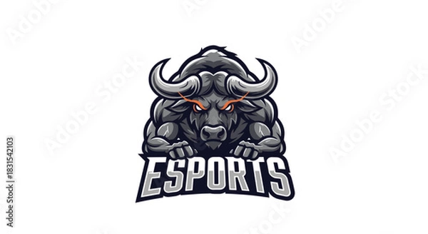 Fototapeta Dynamic eSports logo design featuring an aggressive buffalo mascot with strong horns and glowing orange eyes, representing power and competition.