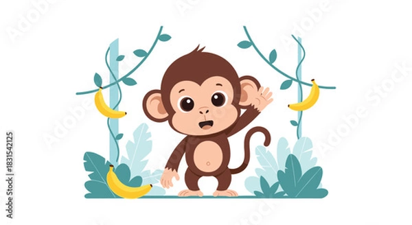 Fototapeta Happy little cartoon monkey standing and waving its hand in a vibrant jungle scene with green leaves and yellow bananas.