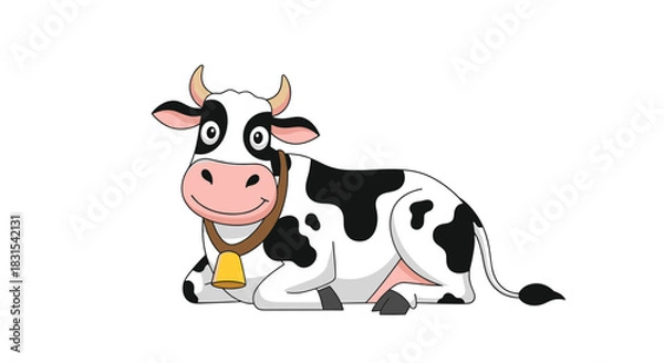 Fototapeta A friendly, smiling cartoon dairy cow with black spots and a cowbell, resting peacefully on a white background, perfect for agricultural and farm-themed designs.