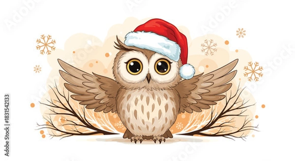 Fototapeta A cute cartoon owl wearing a red Santa hat stands with wings spread against a warm winter background with snowflakes and bare branches.