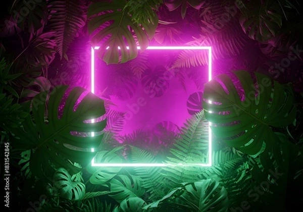 Obraz Vibrant neon square frame glowing amidst lush tropical leaves with futuristic pink and green light