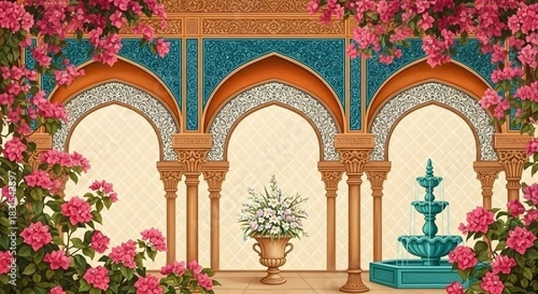 Obraz Ornate garden with traditional arabian architecture, decorative arches, columns, a fountain and vibrant pink bougainvillea