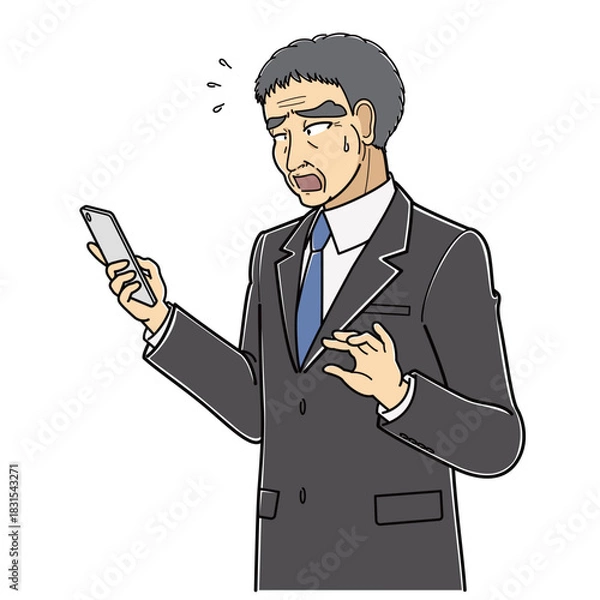 Fototapeta 困った表情でスマートフォンを見ているスーツの中年男性・斜め左向き（上半身）