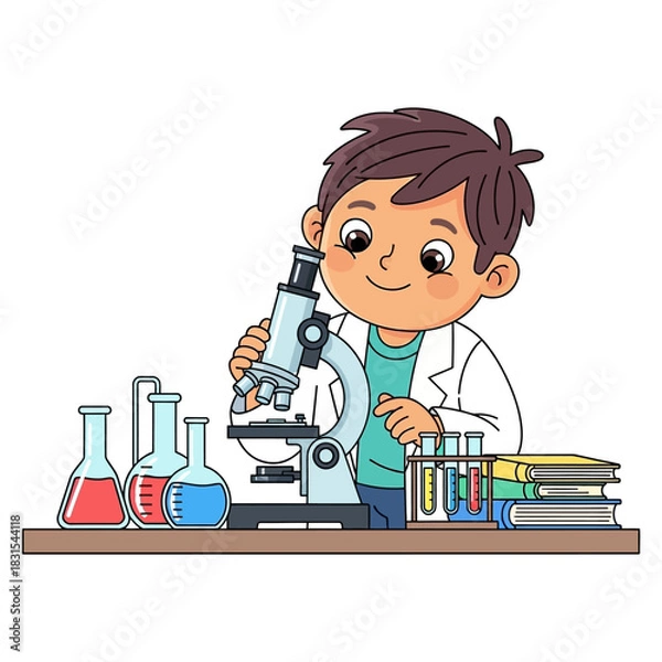Fototapeta Young scientist engaging in a laboratory experiment with a microscope and scientific glassware