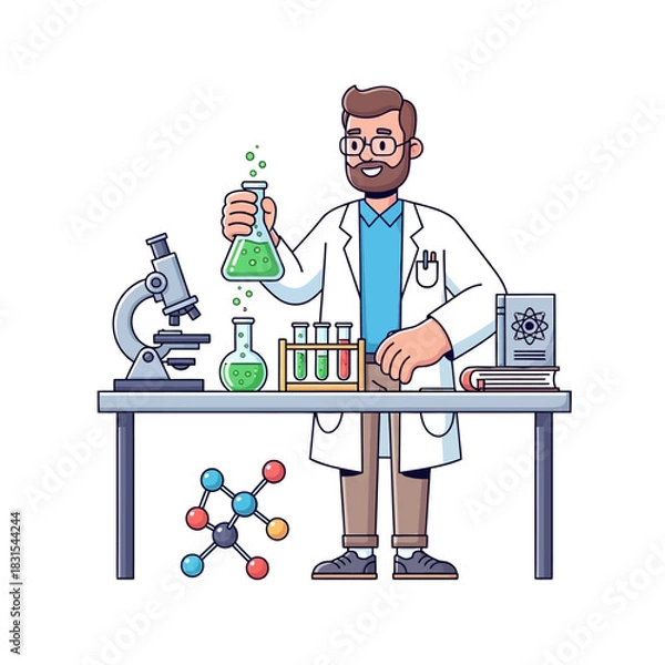 Fototapeta Scientist in Laboratory with Beakers, Microscope, and Molecular Structure Illustration