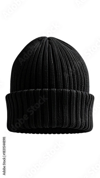 Obraz Dark ribbed beanie hat with folded brim on plain backdrop