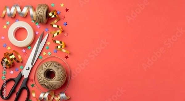 Fototapeta Festive crafting supplies on coral background with copy space for text