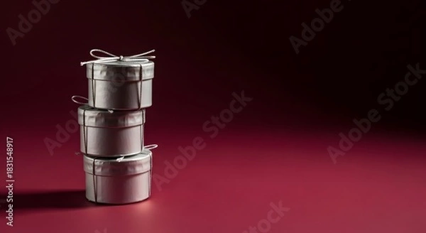 Fototapeta Stack of silver gift boxes on a dark red background for celebrations