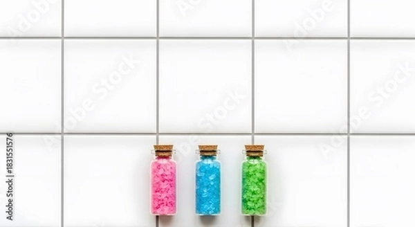 Fototapeta Three colorful toothbrushes on white tiled background for dental hygiene