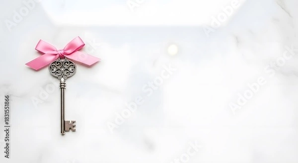 Fototapeta Vintage key adorned with pink ribbon on a white marble surface