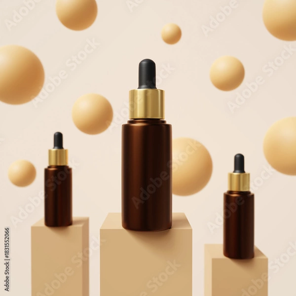 Obraz Cosmetic ads template. Cosmetic dropper bottles with gold cap on beige background. Mockup for skincare branding ads. 3d-rendering