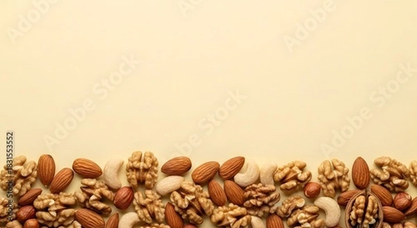 Fototapeta Assorted nuts border on cream background with copy space for text