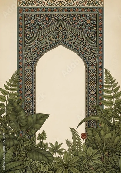 Obraz Intricate ornate archway with traditional patterns framed by lush green tropical foliage and ferns